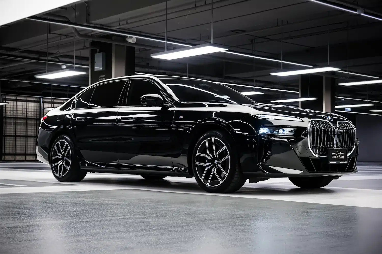 เช่า BMW 750e xDrive M Sport G70 สีดำ มุมหน้าขวา กระจังหน้าเรืองแสง ล้อ M — ซีดานเรือธง PHEV Prime Cars Rental กรุงเทพ | black BMW 750e xDrive M Sport G70 front-right illuminated grille, flagship PHEV sedan rental Bangkok Thailand
