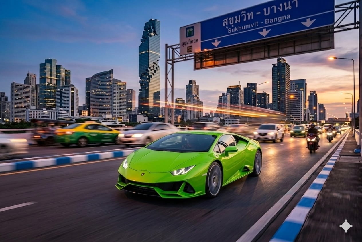 เช่ารถ Lamborghini Huracan กรุงเทพ วิ่งบนทางด่วน Sukhumvit Bangkok — Prime Cars Rental