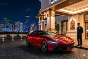 เช่ารถ Ferrari Roma กรุงเทพ จอดหน้าโรงแรม 5 ดาว กลางคืน Bangkok City — Prime Cars Rental