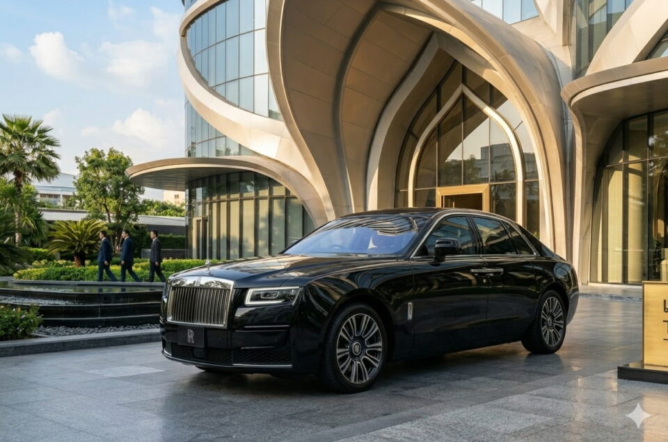 Rolls Royce Ghost สีดำ จอดหน้าอาคารหรู กรุงเทพ | Rolls Royce Rental Bangkok — Prime Cars Rental