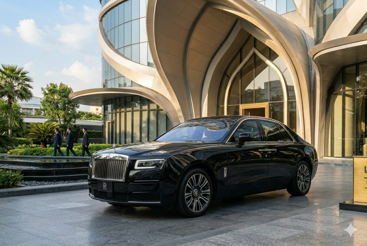 Rolls Royce Ghost สีดำ จอดหน้าอาคารหรู กรุงเทพ | Rolls Royce Rental Bangkok — Prime Cars Rental