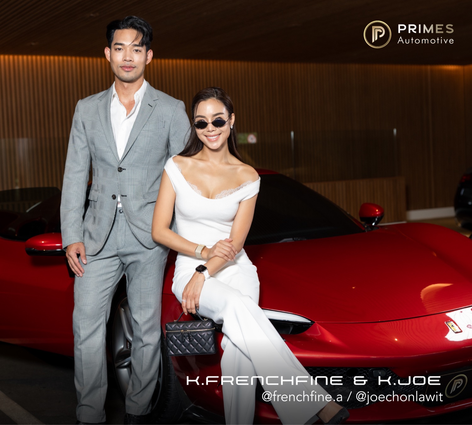 K.FRENCHFINE รินทร์ณฐา อัจฉริยวัฒนกุล @frenchfine.a และ K.JOE ชลวิศว์ @joechonlawit กับ Ferrari 296 GTB Prime Cars Rental