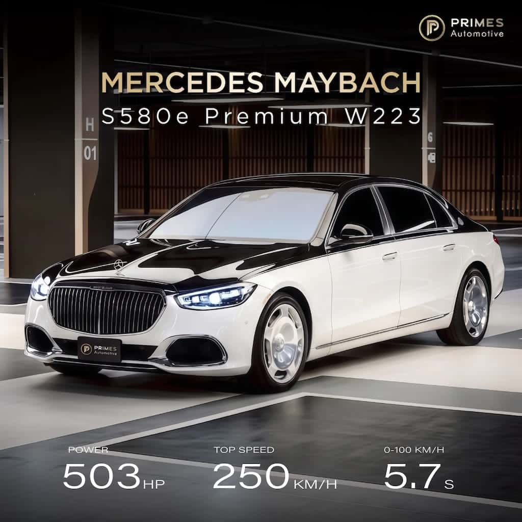Mercedes-Maybach S580e Z223 two-tone white and black plug-in hybrid chauffeur limousine rental in Bangkok, Thailand