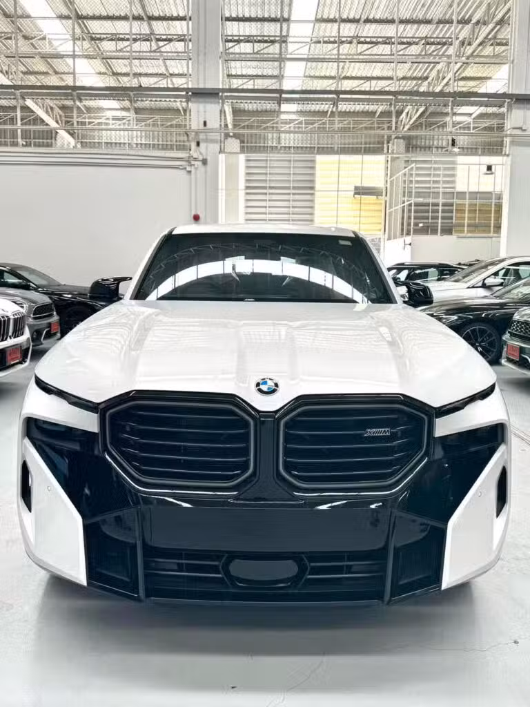 BMW XM 50e Shadow Line front close-up with high-gloss black kidney grille surround
