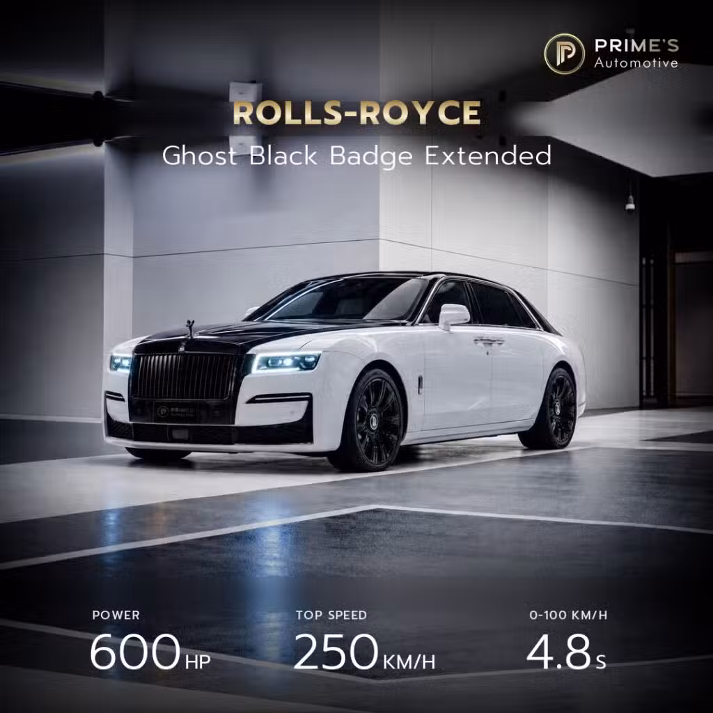 เช่า Rolls-Royce Ghost Black Badge Extended Wheelbase 2026 สีขาว V12 600 แรงม้า กรุงเทพ | Rent Rolls-Royce Ghost Black Badge Extended 2026 in Bangkok, 600 PS V12